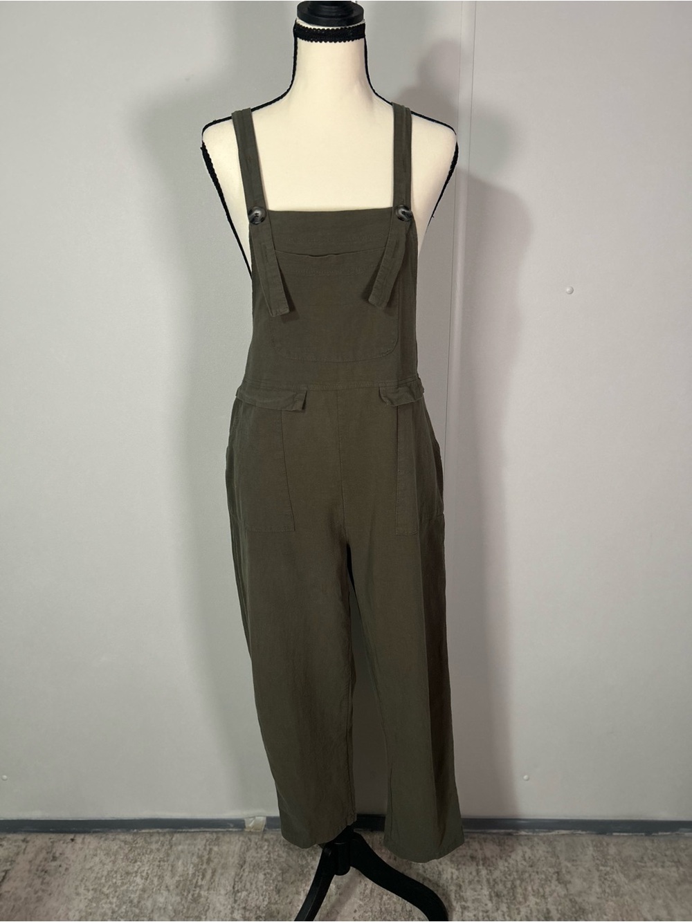 Olive Green Wide-Leg Linen Blend Overalls Jumpsuit